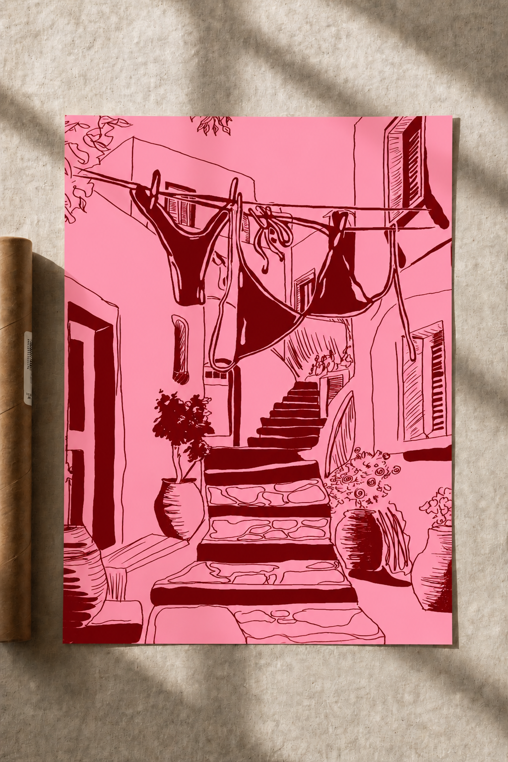 Pink courtyard line-art print with dark pink buildings, steps, and hanging clothes