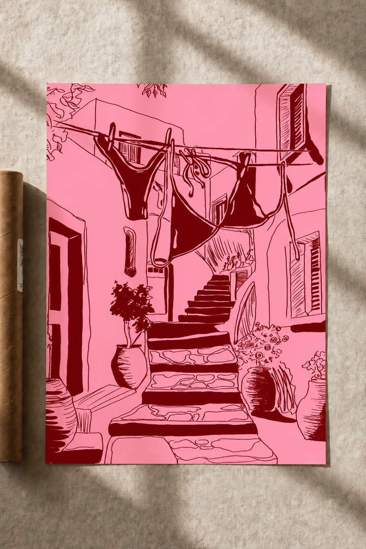 Pink courtyard line-art print with dark pink buildings, steps, and hanging clothes