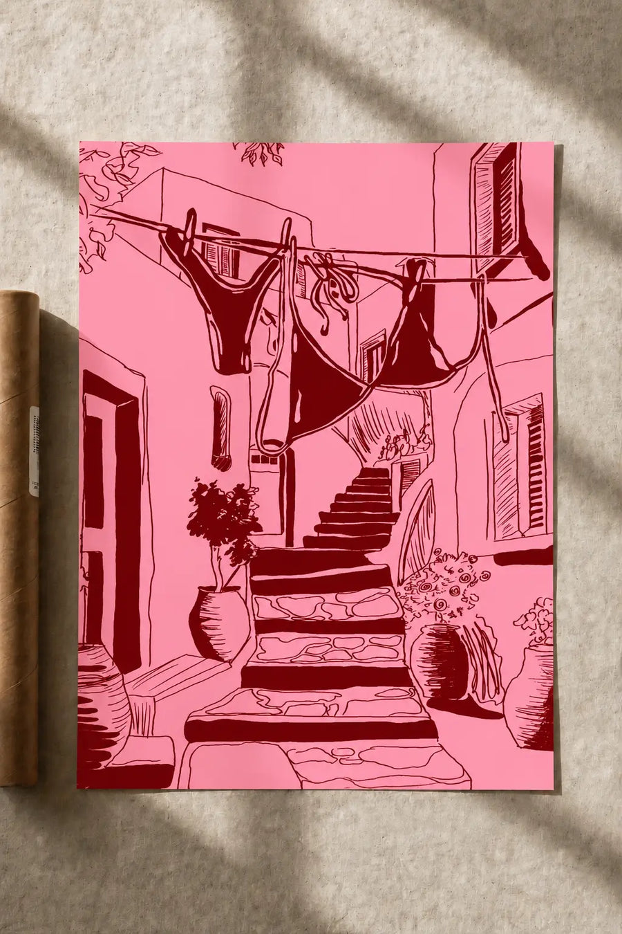Pink Courtyard Summer Lines Mediterranean line-art print with dark pink buildings, steps, and laundry decor