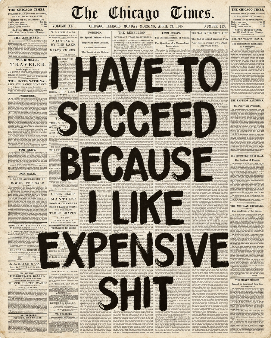 Funny quote newspaper wall art poster with bold headline: “HAVE TO SUCCEED...EXPENSIVE SHIT”.