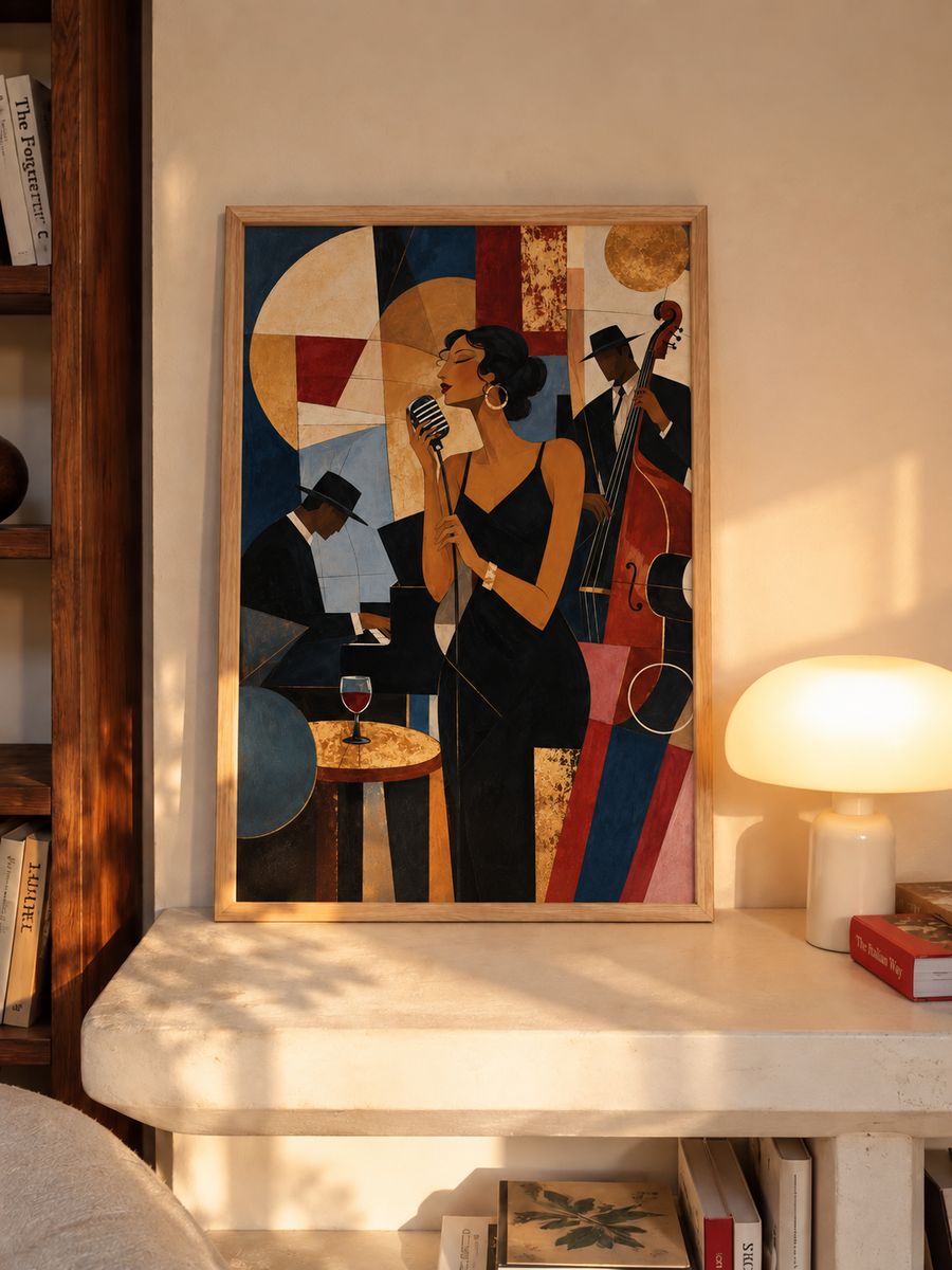 Oak-framed jazz band poster with singer holding microphone and upright double bass