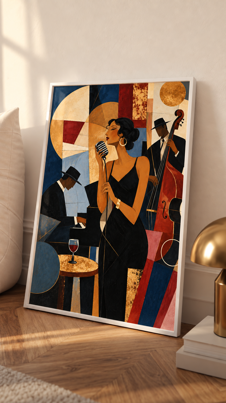 White-framed jazz band poster featuring singer with microphone and standing double bass