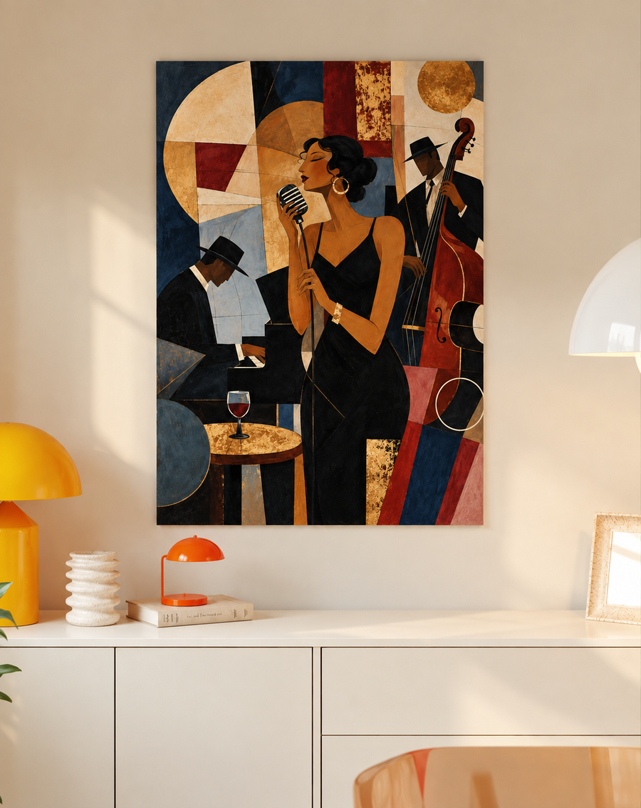 Colorful jazz band wall art with singer holding microphone, bass, and drum set