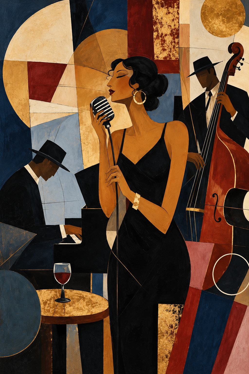 Jazz singer and band wall art poster with black dress, microphone, and upright bass