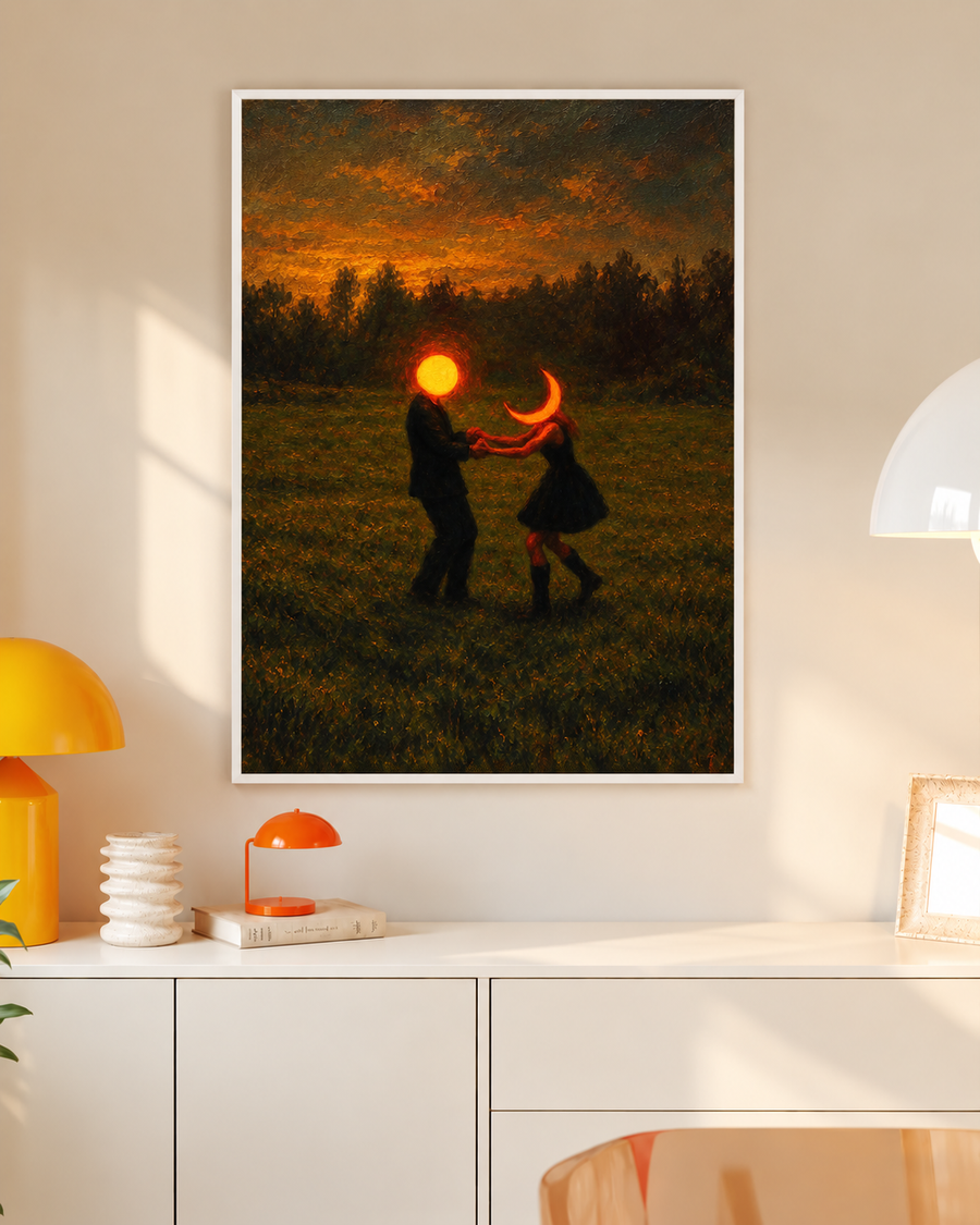 Framed surreal landscape wall art poster with two dancers, orange sun, and crescent moon glow