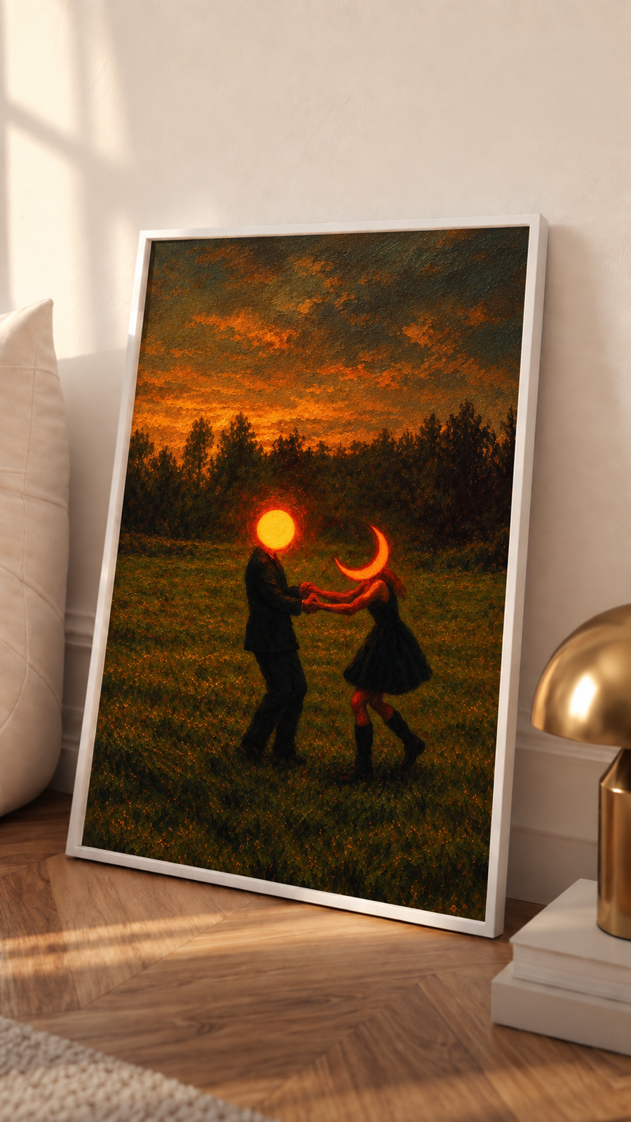 Surreal landscape wall art poster on easel, two dancing figures, orange sun and crescent moon