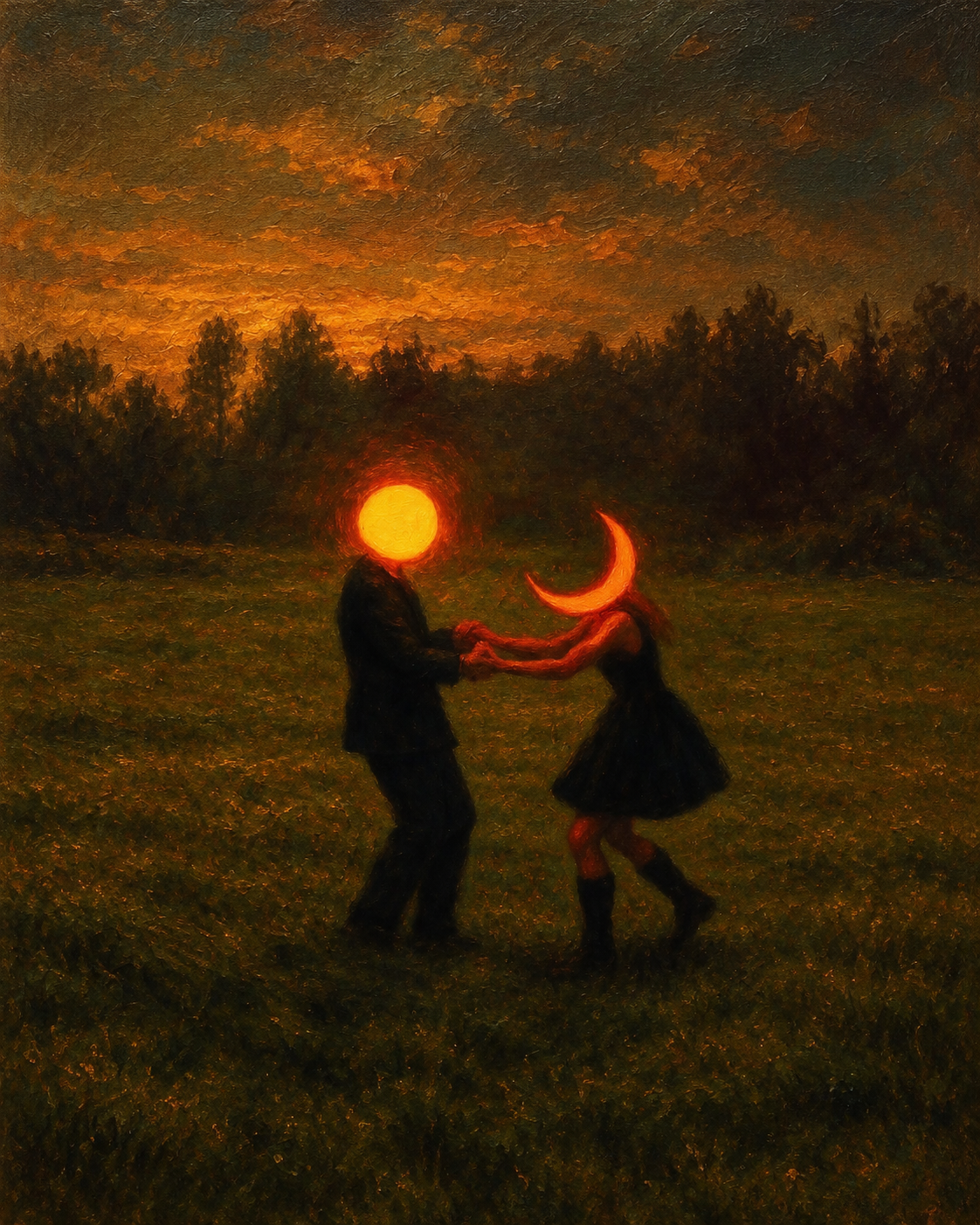 Surreal landscape wall art poster with two dancing figures under orange sun and crescent