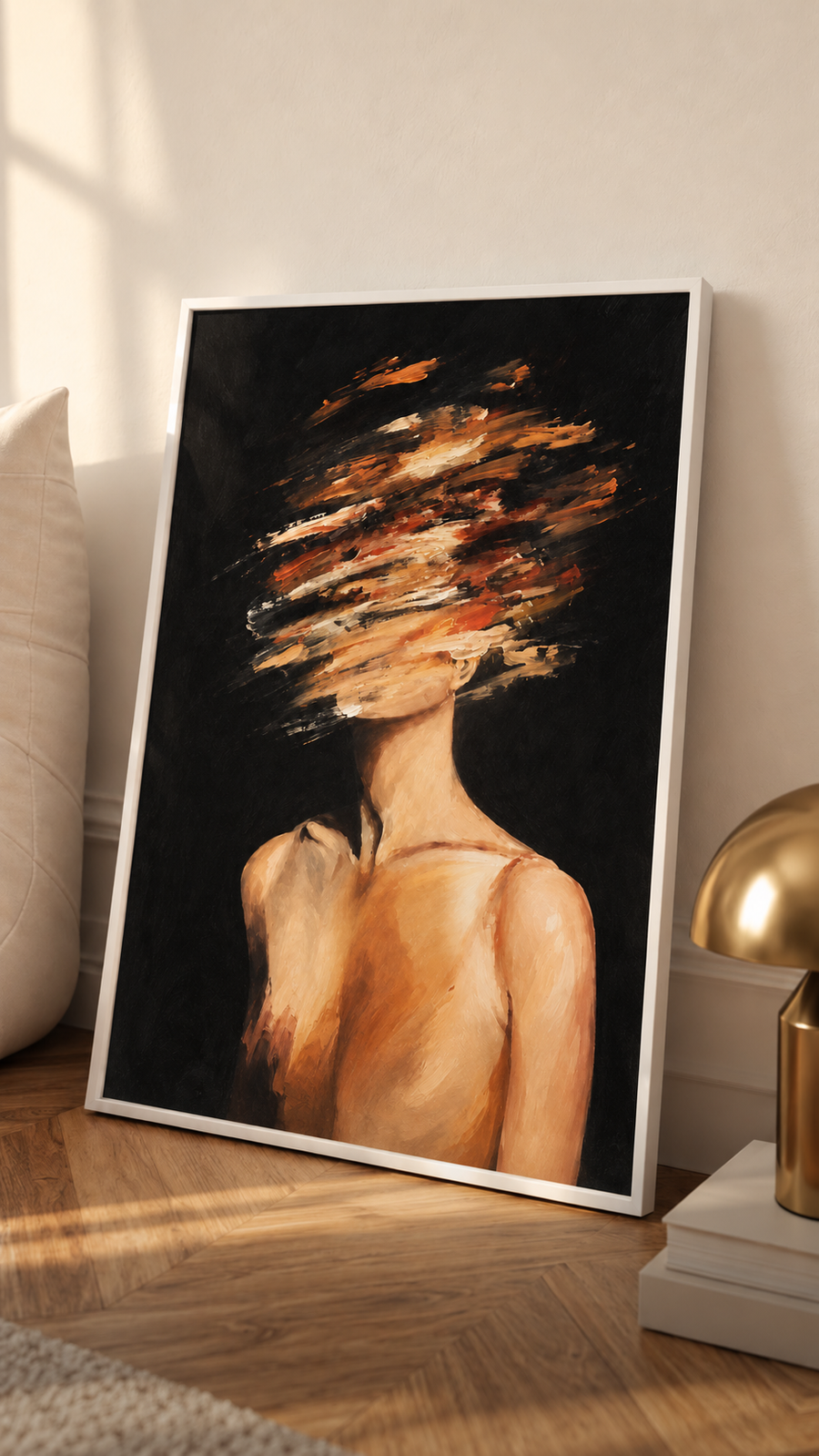 Framed expressionist woman portrait print with abstract orange hair brushstrokes, dark background