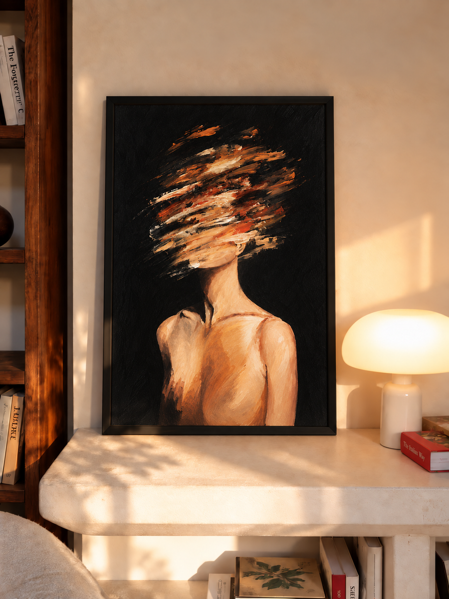 Black-framed woman portrait art with abstract orange hair brushstrokes, dark background