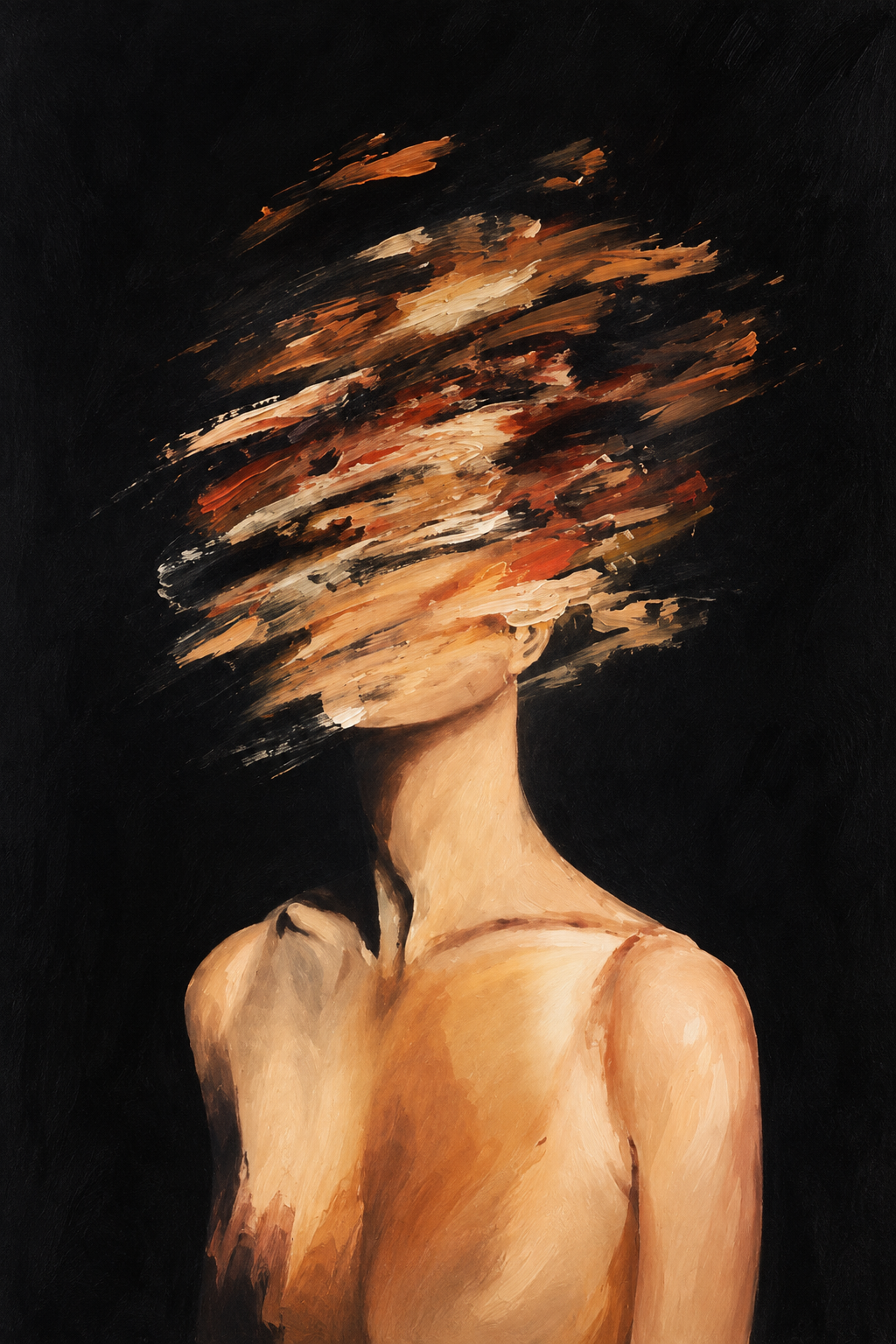 Expressionist woman portrait wall art with abstract orange brushstroke hair on dark background