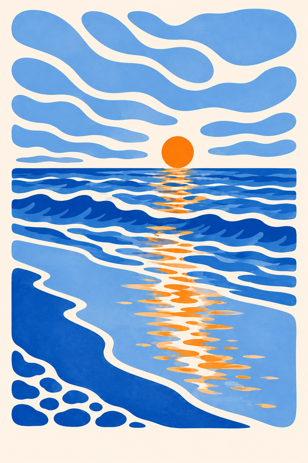 Coastal wall art print with orange sun above layered blue wave lines