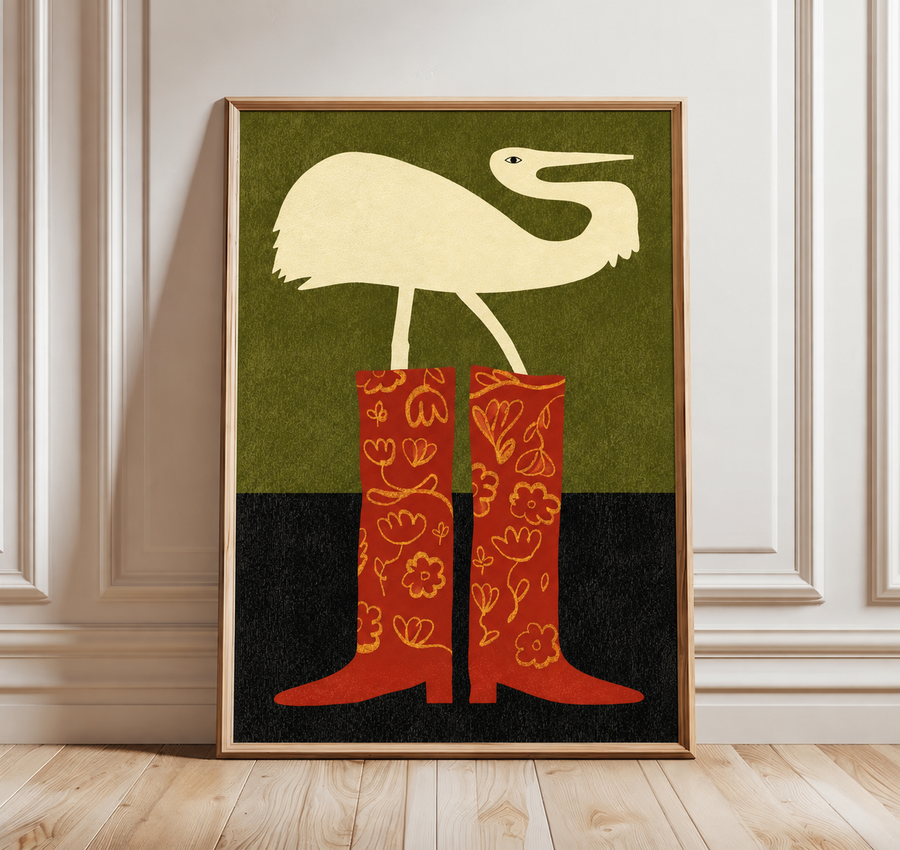 Wood-framed crane and cowboy boots wall art poster with cream bird and red boots