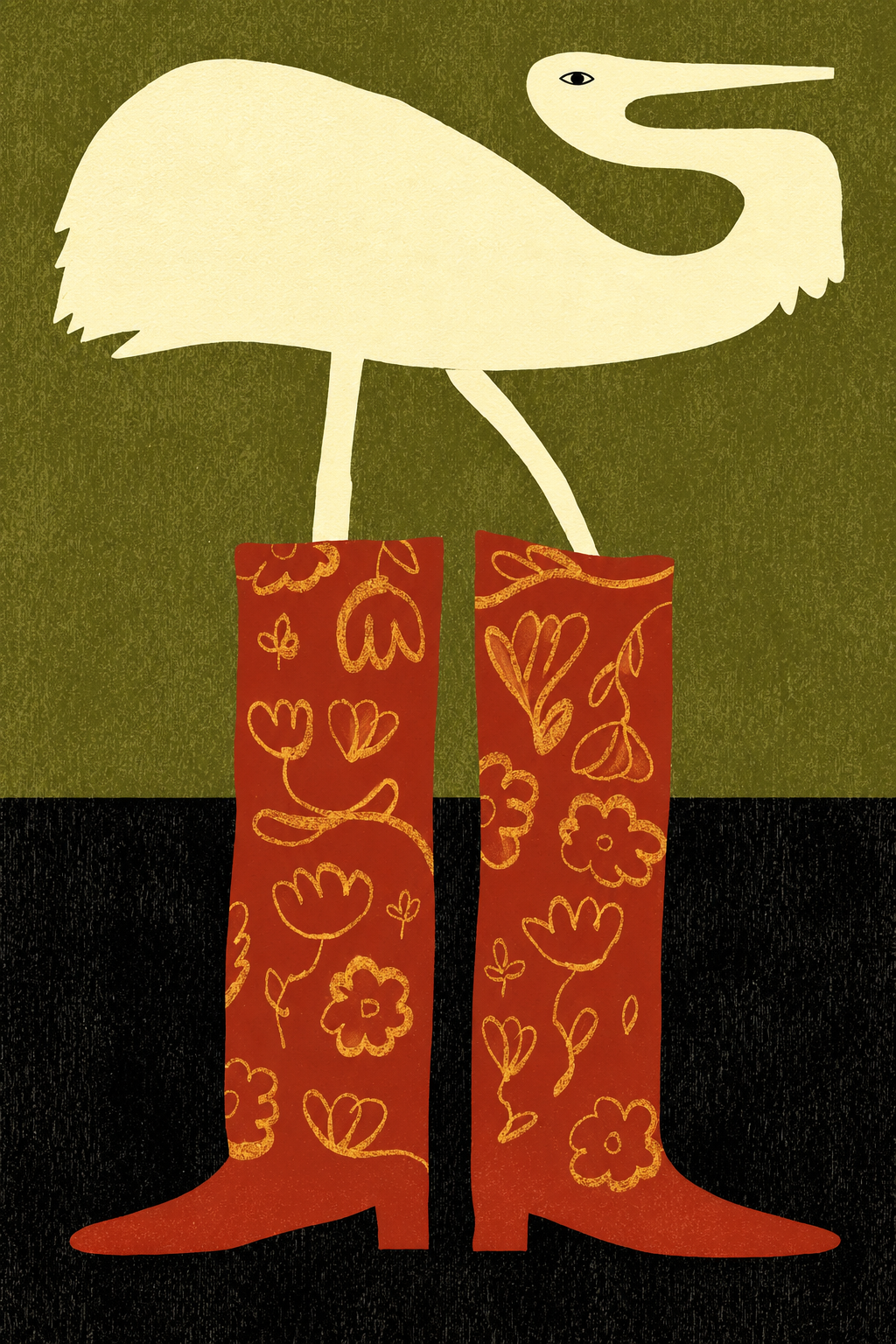 Crane and patterned red cowboy boots wall art poster on olive green ground