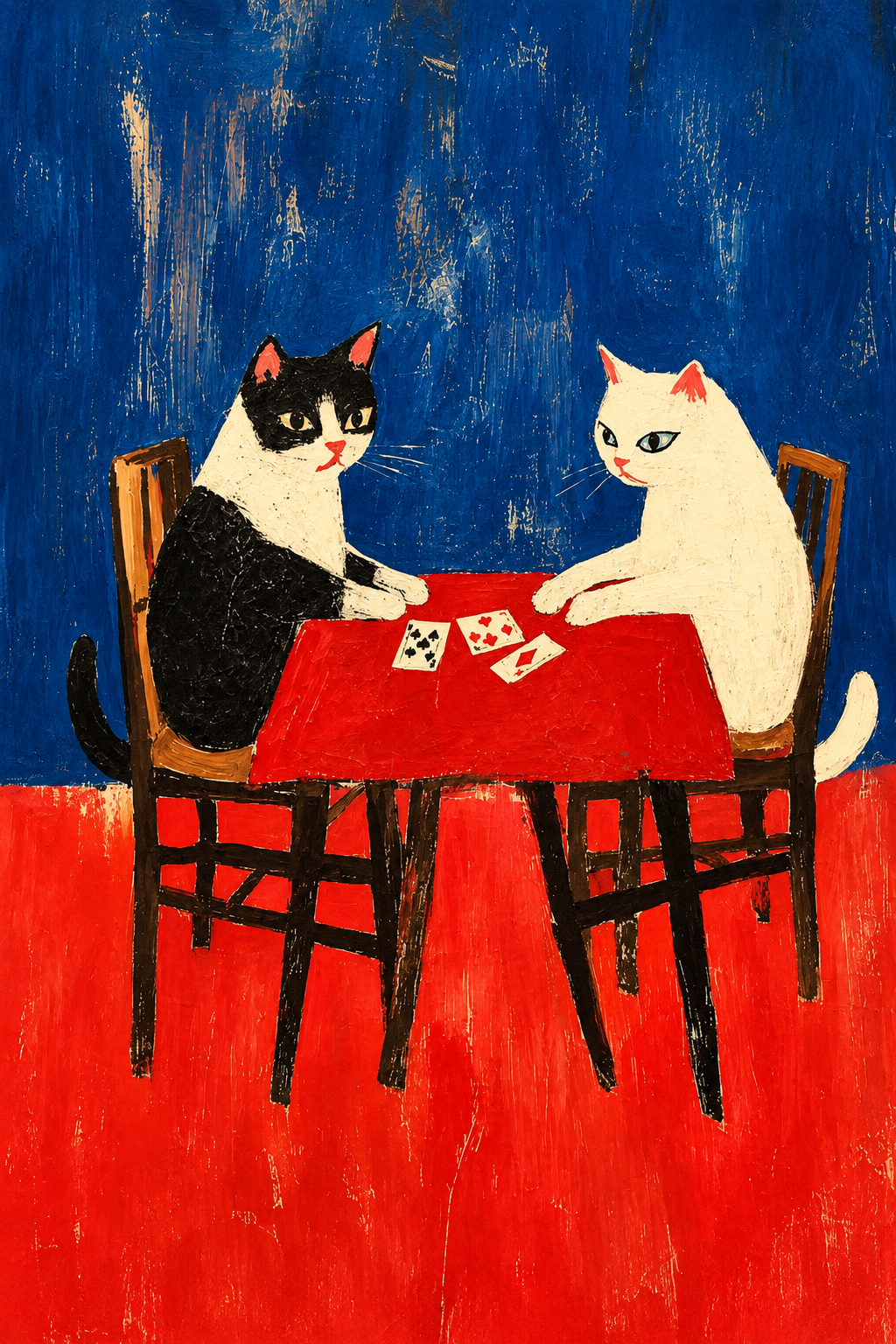 Folk art cats playing cards wall poster: black and cream cats at red table