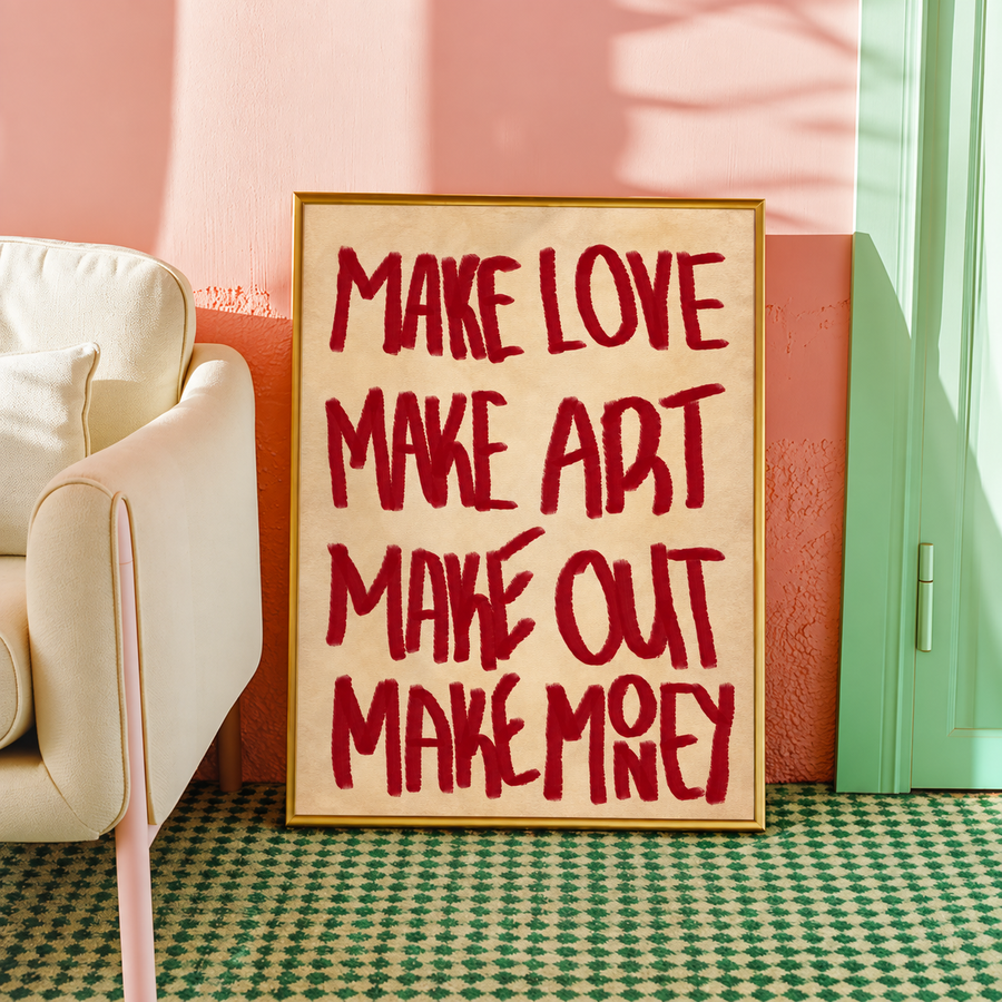 Wood-framed typography wall art with red text: MAKE LOVE, MAKE ART, MAKE OUT, MAKE MONEY