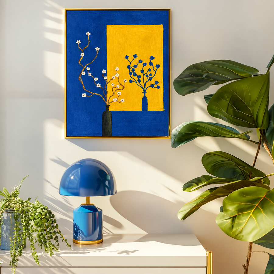 Framed floral still life wall art poster with yellow square, blue and white blossoms, dark vases