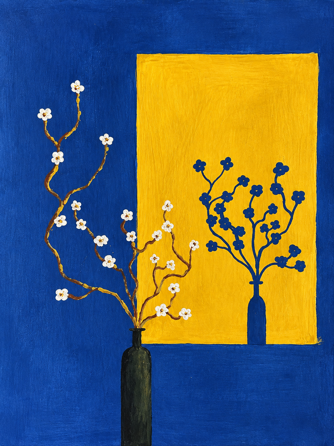 Floral still life wall art poster with yellow square, blue flowers, and dark vase