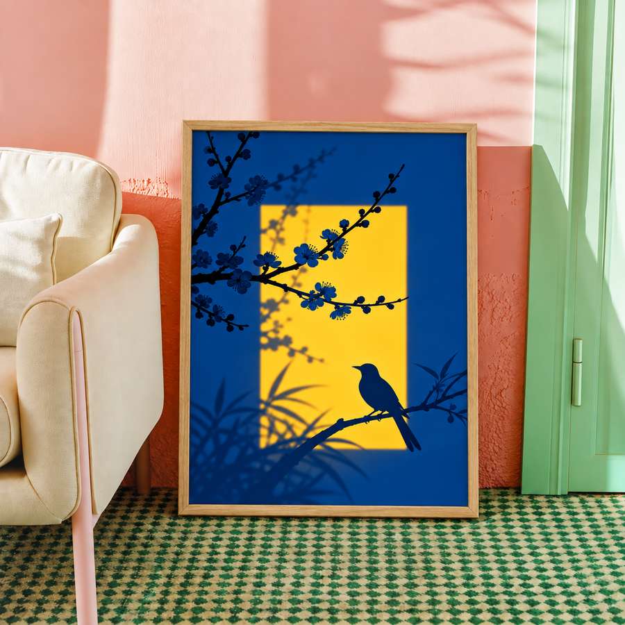 Wood-framed blue wall art with yellow center, bird silhouette on blossom branch