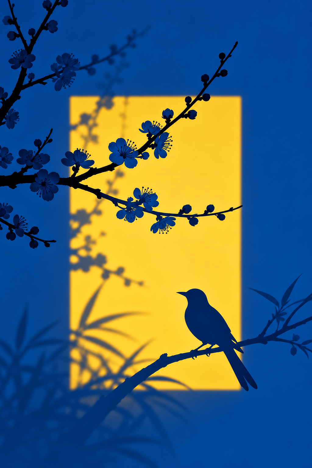 Blue wall art poster with yellow square, bird silhouette, and blossom branch