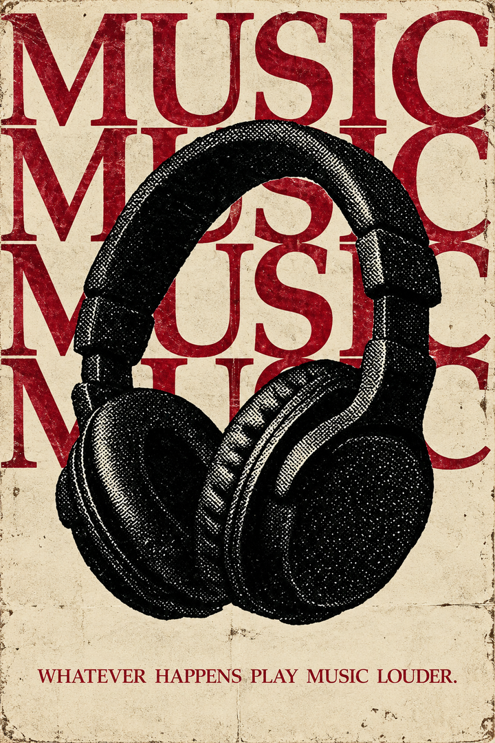 Large black headphones over repeated red MUSIC lettering on aged cream, with the line WHATEVER HAPPENS PLAY MUSIC LOUDER below.