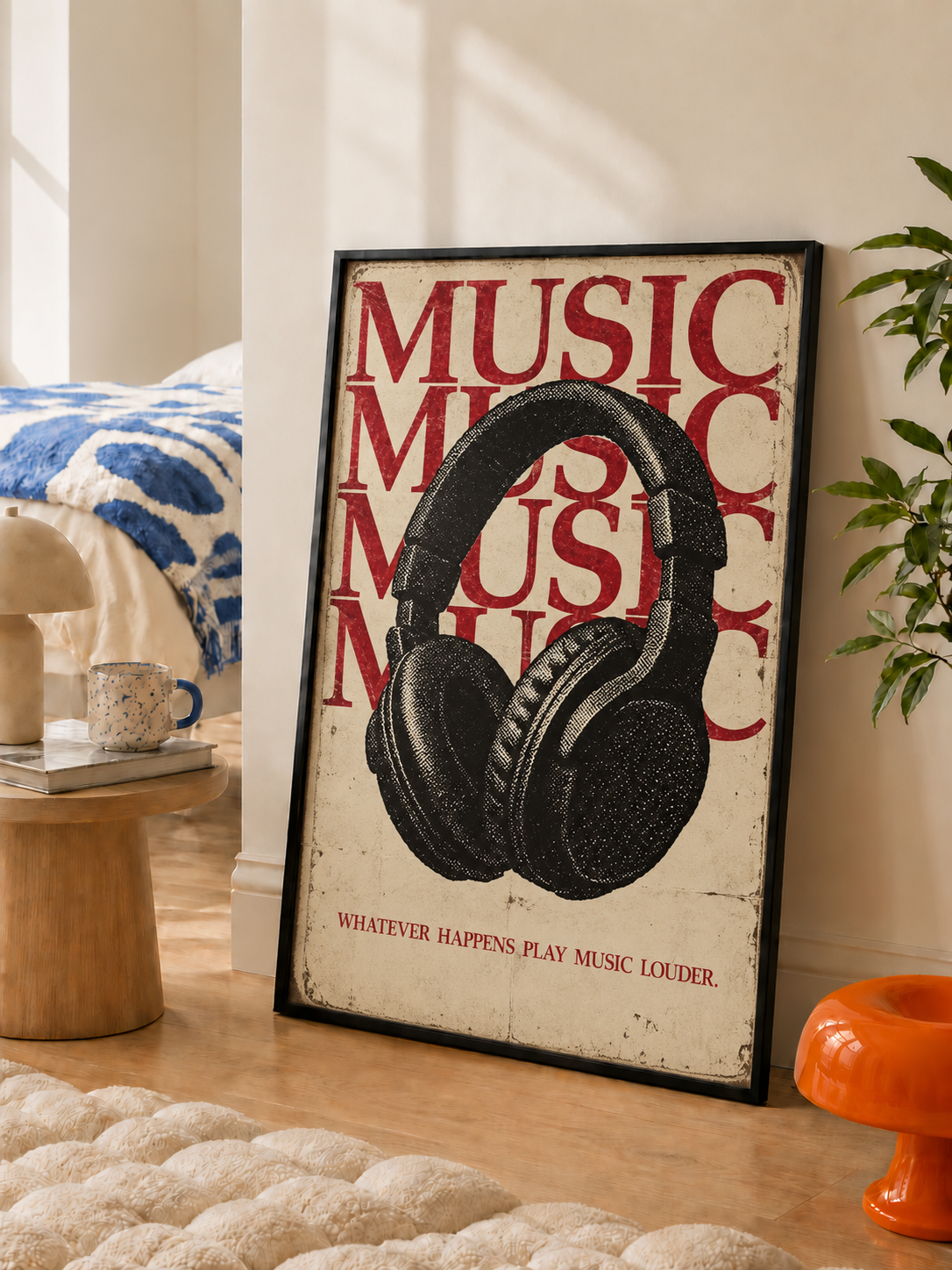 Framed wall art poster with black headphones, red MUSIC text, and small quote below