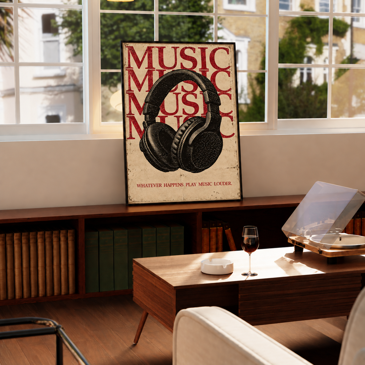 Headphones and play-music-louder quote wall art displayed in styled interior view 2