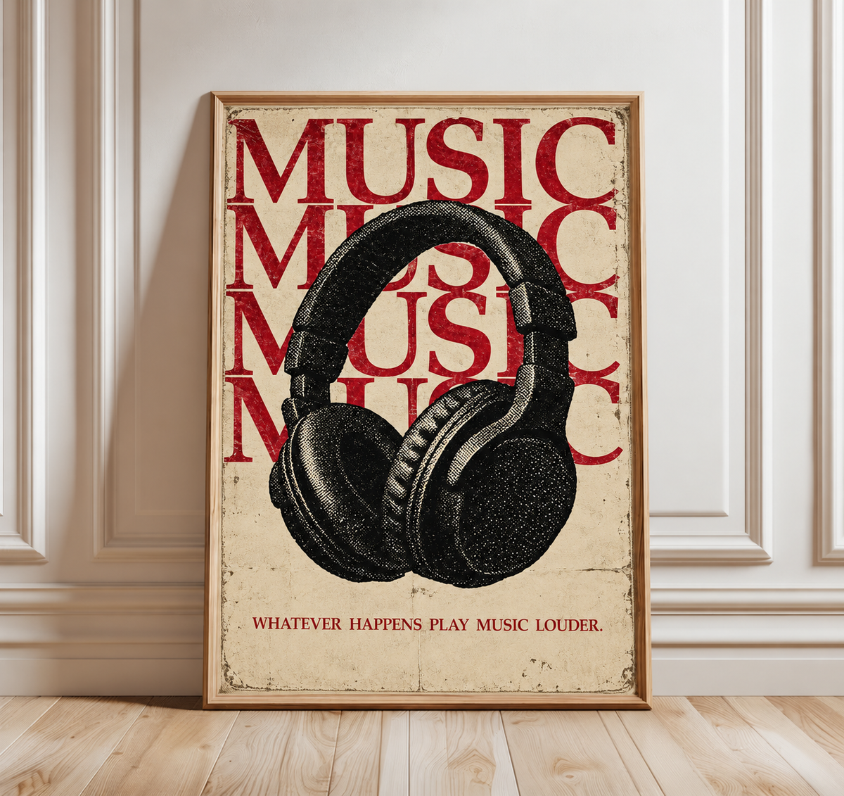 Headphones and play-music-louder quote wall art displayed in styled interior view 3