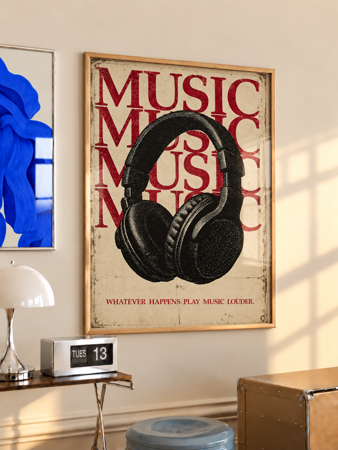 Headphones and play-music-louder quote wall art displayed in styled interior view 4