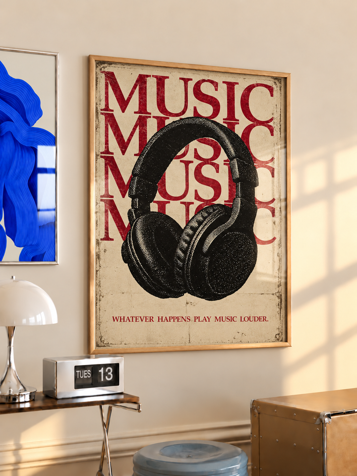 Headphones and play-music-louder quote wall art displayed in styled interior view 4