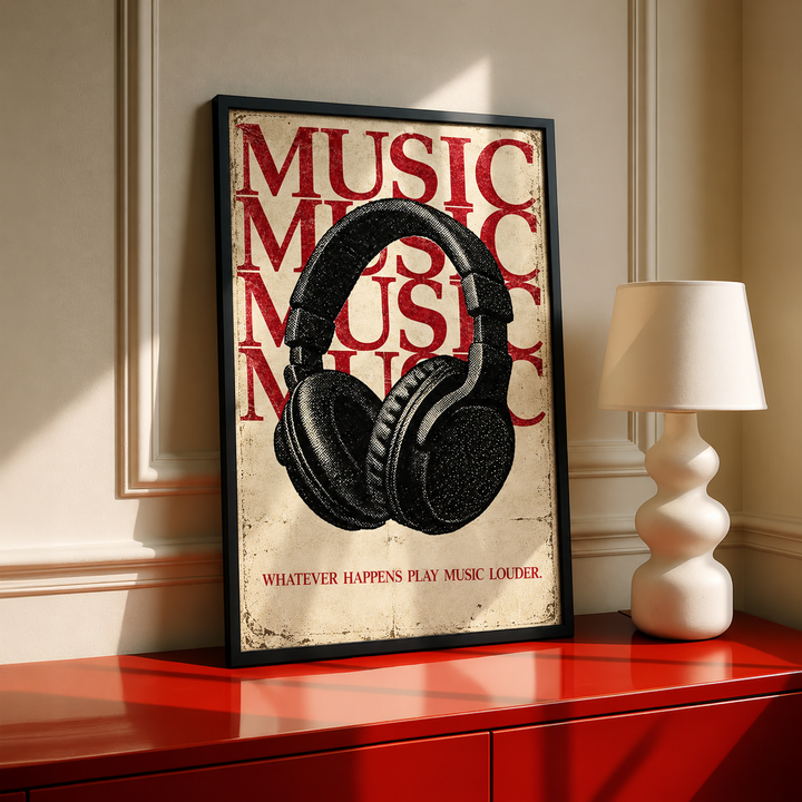 Headphones and play-music-louder quote wall art displayed in styled interior view 5