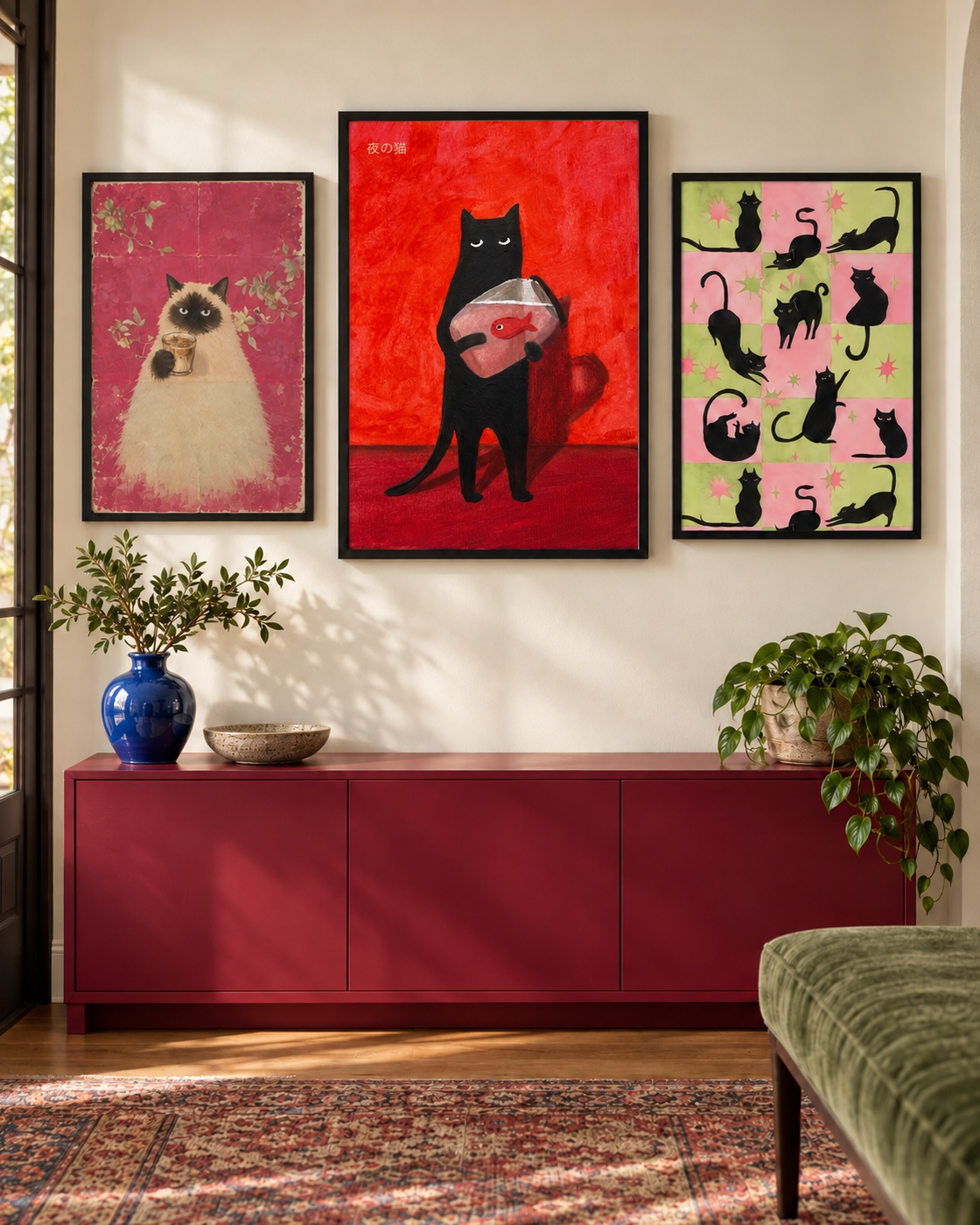 Set of 3 framed cat gallery prints with pink, red, and green artwork