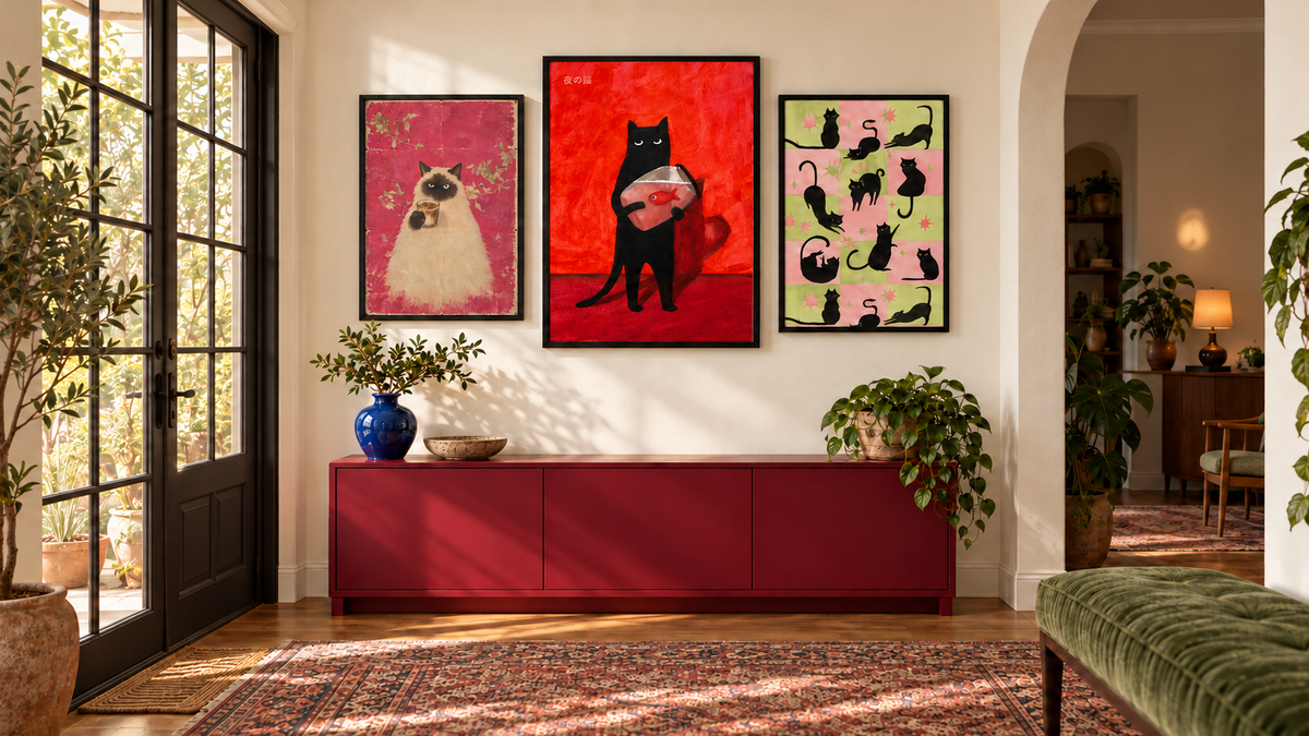 Three framed cat wall prints showing different playful cats in pink, red, and green