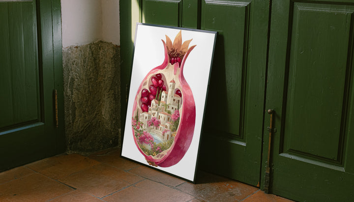 A cutaway pink pomegranate containing a tiny white village, ruby seeds and flowers leaning on the floor against dark green wall panelling