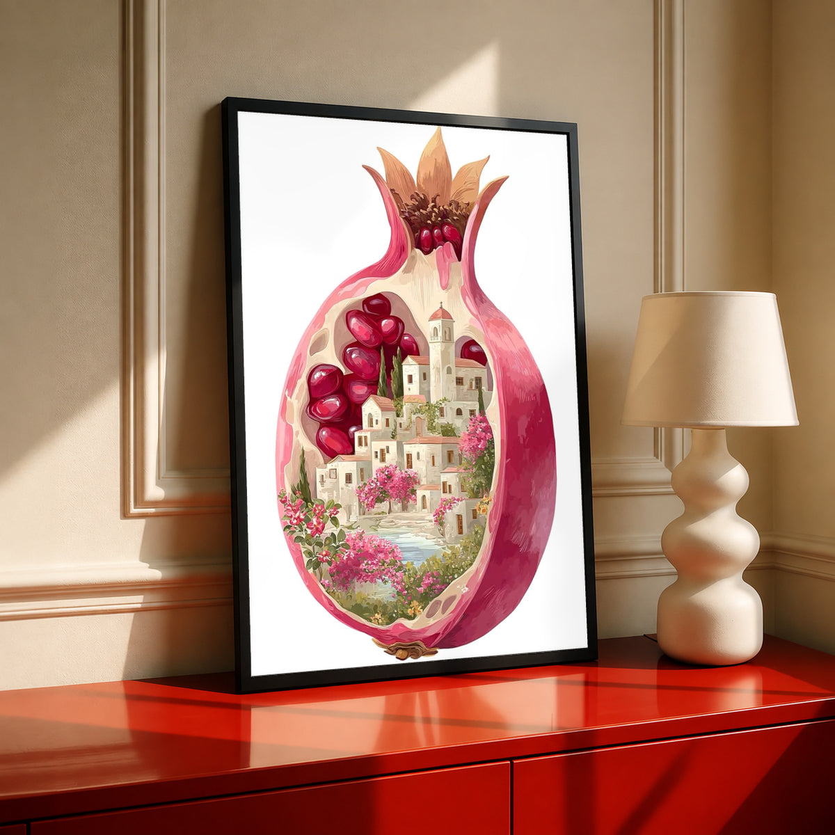 A cutaway pink pomegranate containing a tiny white village, ruby seeds and flowers in a black frame on a red console beside a sculptural cream lamp