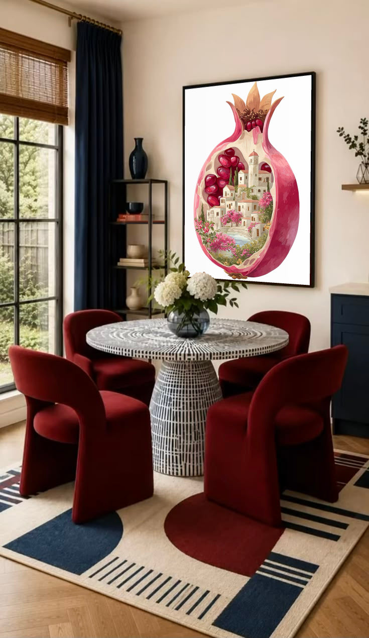 Framed pomegranate art print with pink fruit illustration and small Mediterranean houses