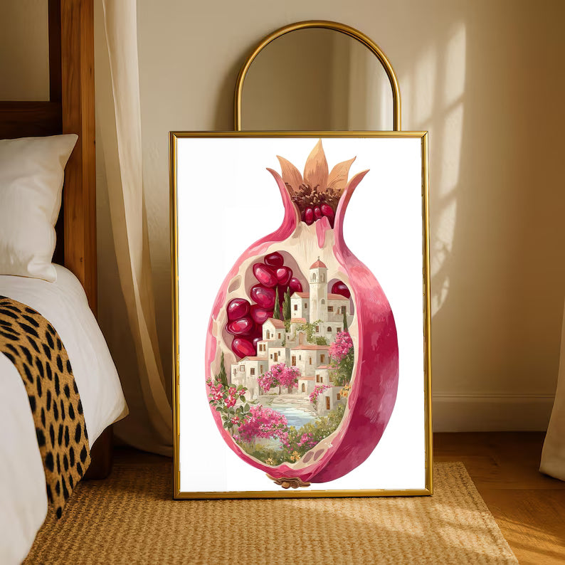 A cutaway pink pomegranate containing a tiny white village, ruby seeds and flowers in a gold-tone styling frame leaning beside a bedroom mirror