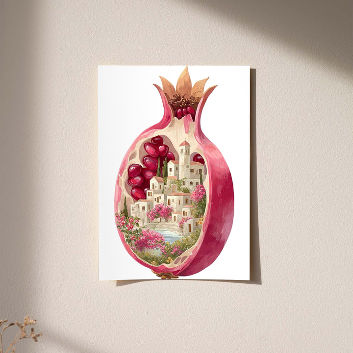 A cutaway pink pomegranate containing a tiny white village, ruby seeds and flowers displayed without a visible frame on a softly lit pale wall