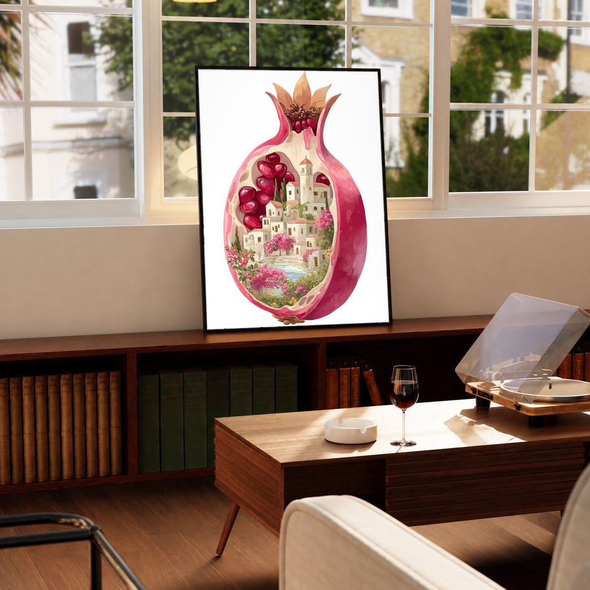 A cutaway pink pomegranate containing a tiny white village, ruby seeds and flowers in a black display frame on a wooden console beside a sunlit window