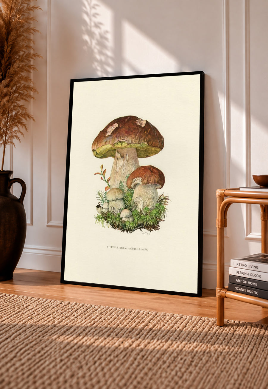 Black-framed botanical porcini mushroom print with moss and cream paper, two mushrooms