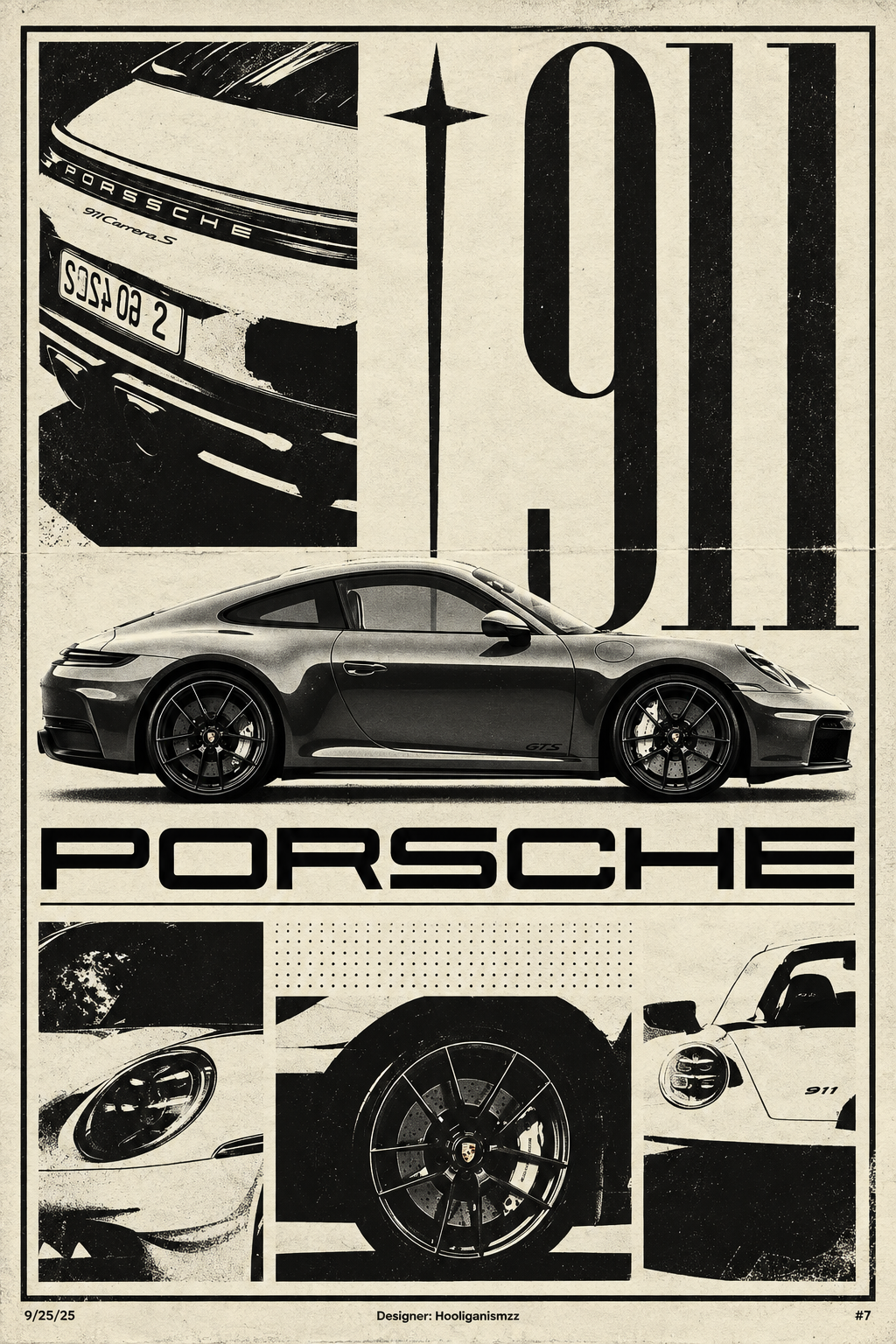 Distressed black-and-cream collage of Porsche 911 car details with large 911 and PORSCHE lettering; several views and wheel imagery.