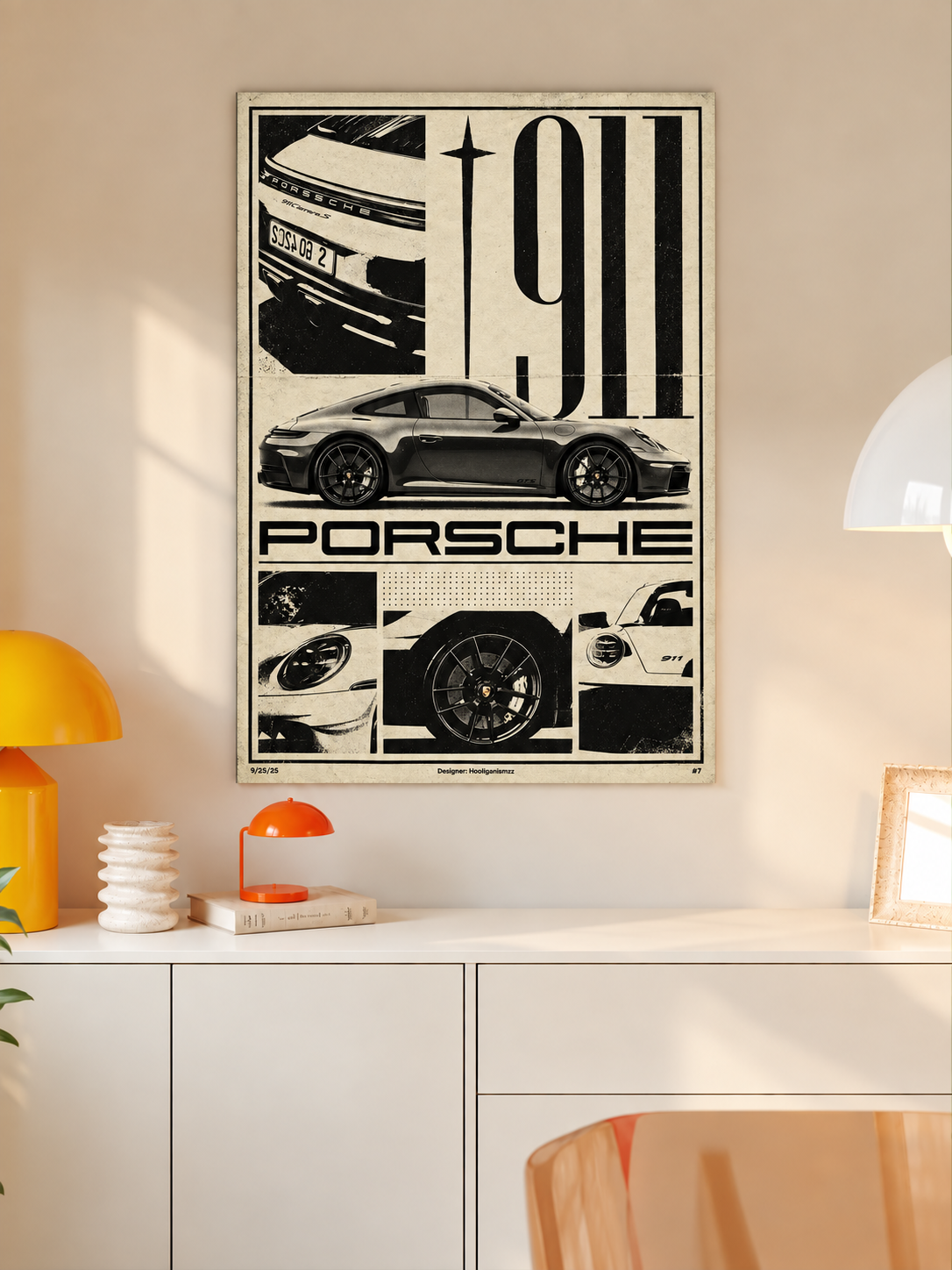 Porsche 911 sports-car collage wall art displayed in styled interior view 2