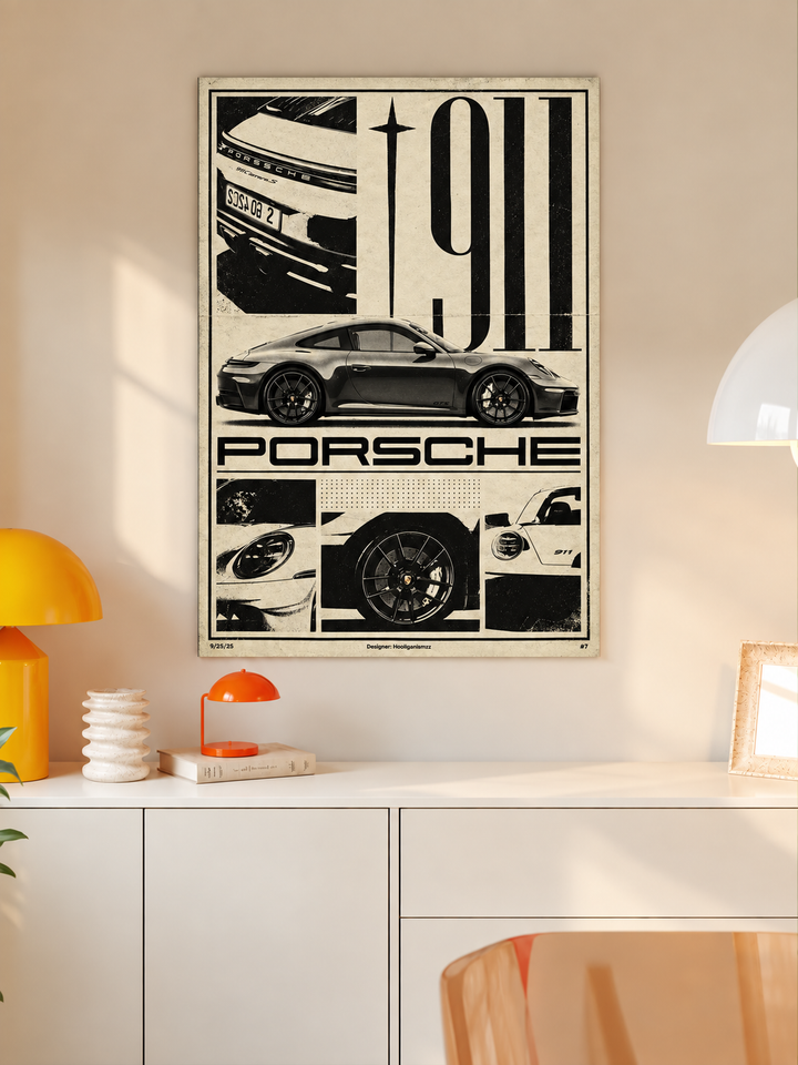 Porsche 911 sports-car collage wall art displayed in styled interior view 2