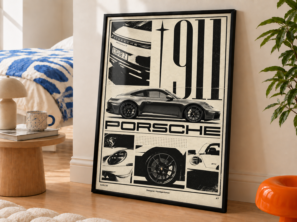 Porsche 911 sports-car collage wall art displayed in styled interior view 3