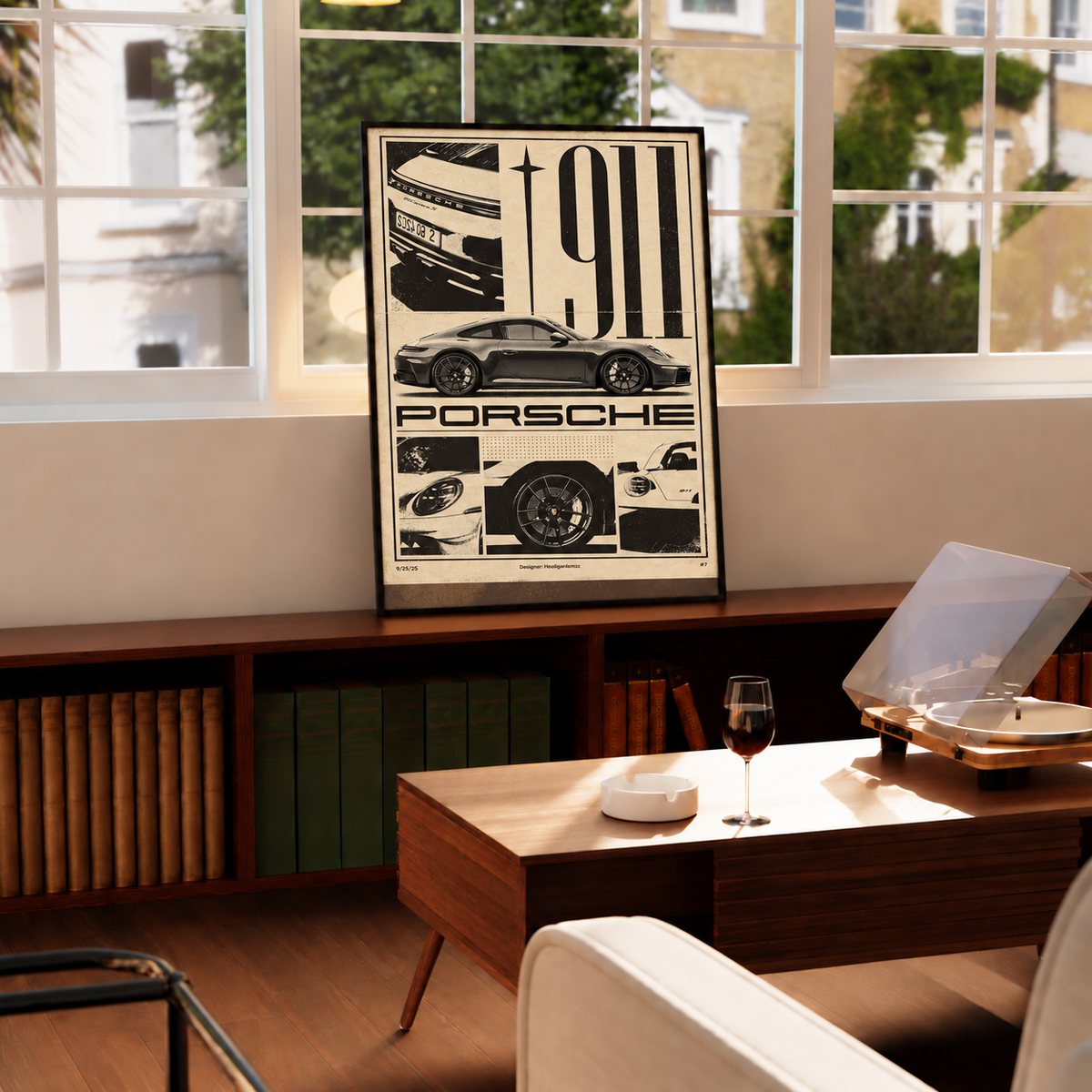 Porsche 911 sports-car collage wall art displayed in styled interior view 4