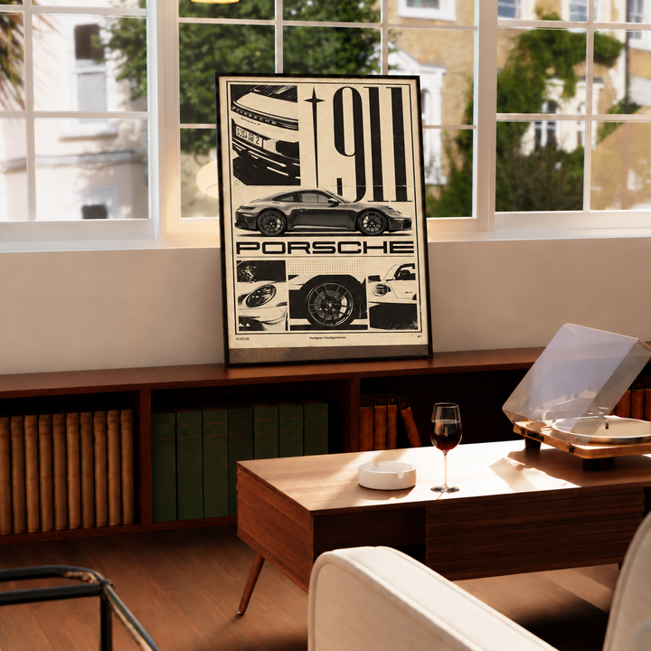 Porsche 911 sports-car collage wall art displayed in styled interior view 4