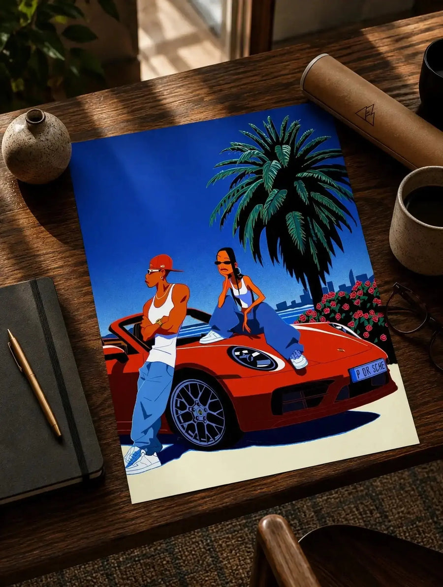 Wall print showing red sports car, two racers, and palm tree with flowers