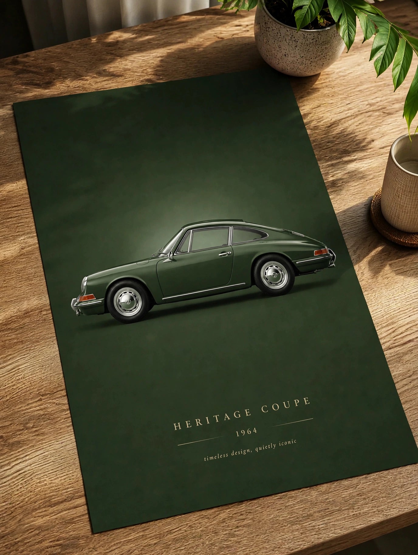 Classic sports car poster with vintage green coupe artwork on a tabletop