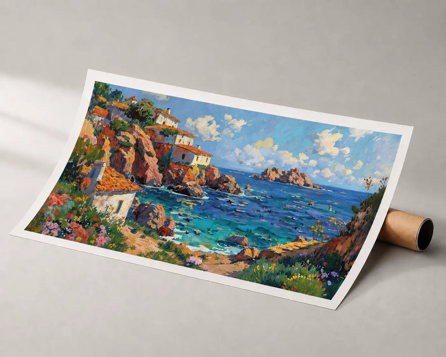 Póster panorámico de arte mural con casas costeras coloridas y océano azul, sin marco
