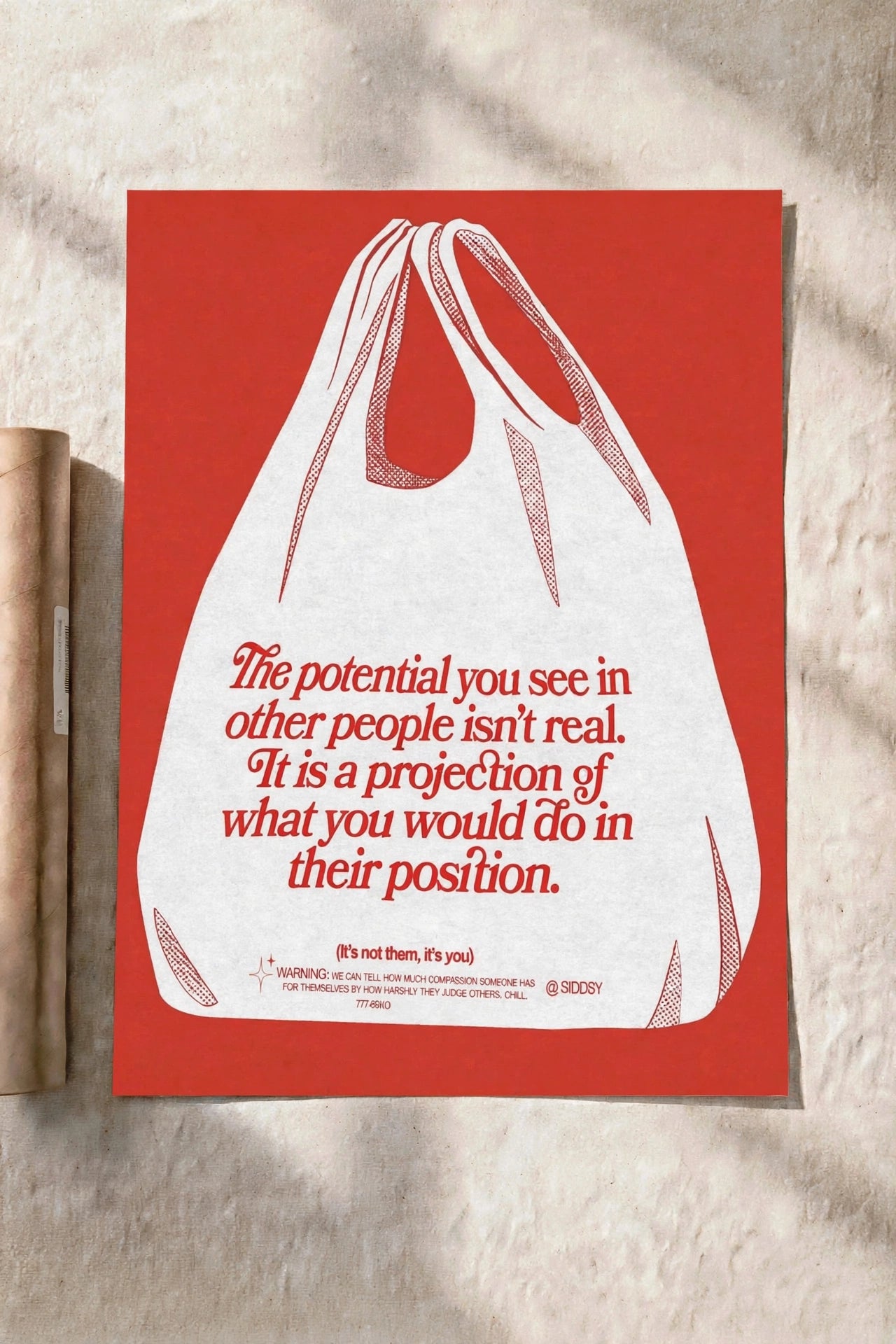 Red poster with white abstract lines and printed quote text in stylized layout.