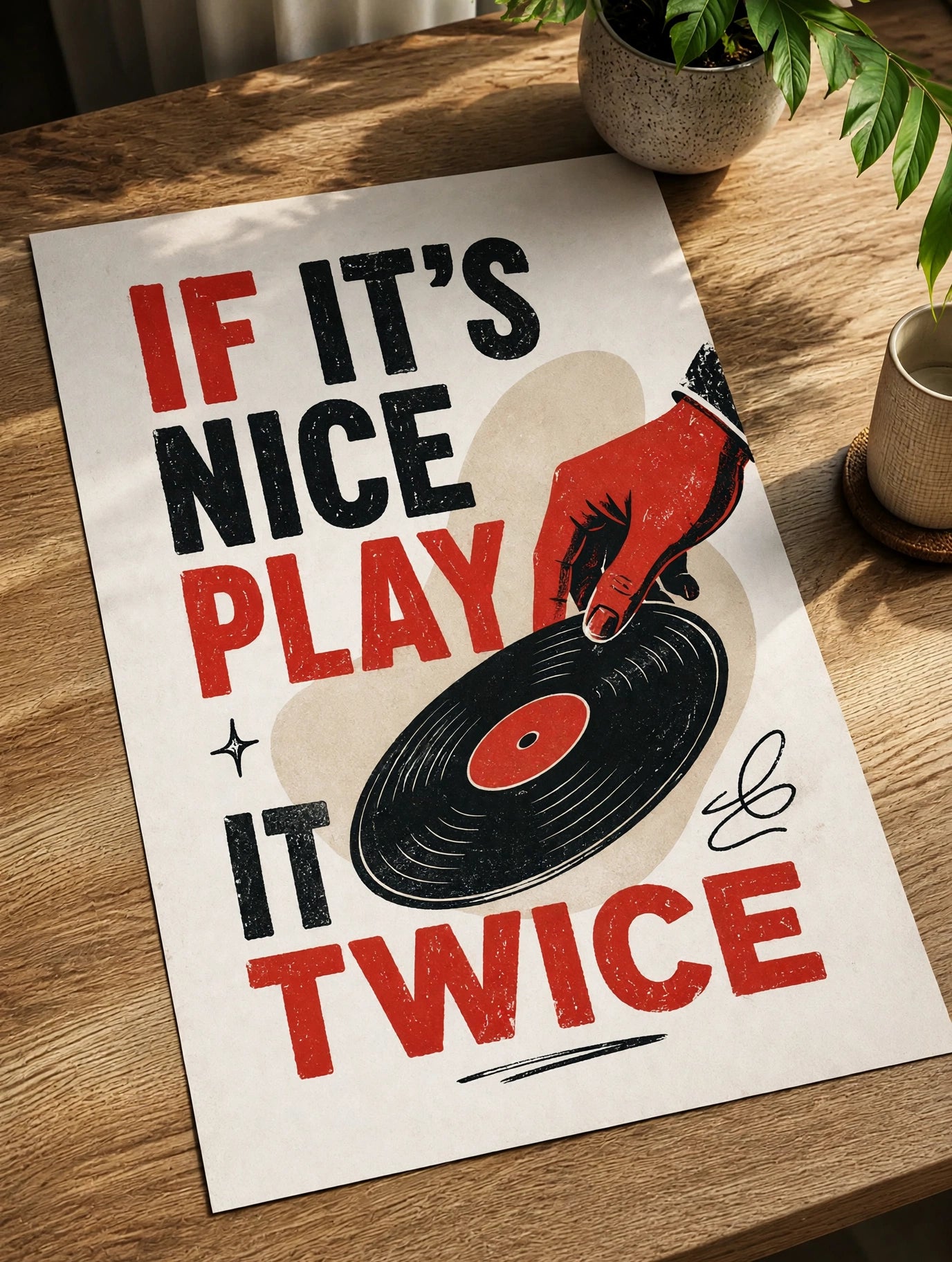 Vinyl record wall art poster on tabletop with red and black “If It’s Nice Play It Twice” text